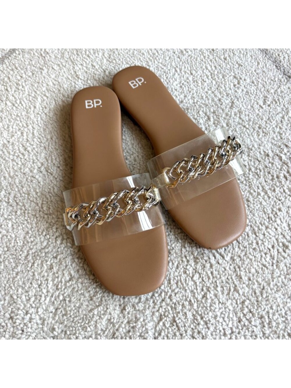 Clear Slide Sandals Nude Gold/Silver Chain Transparent Strap Slip On Sz 8
